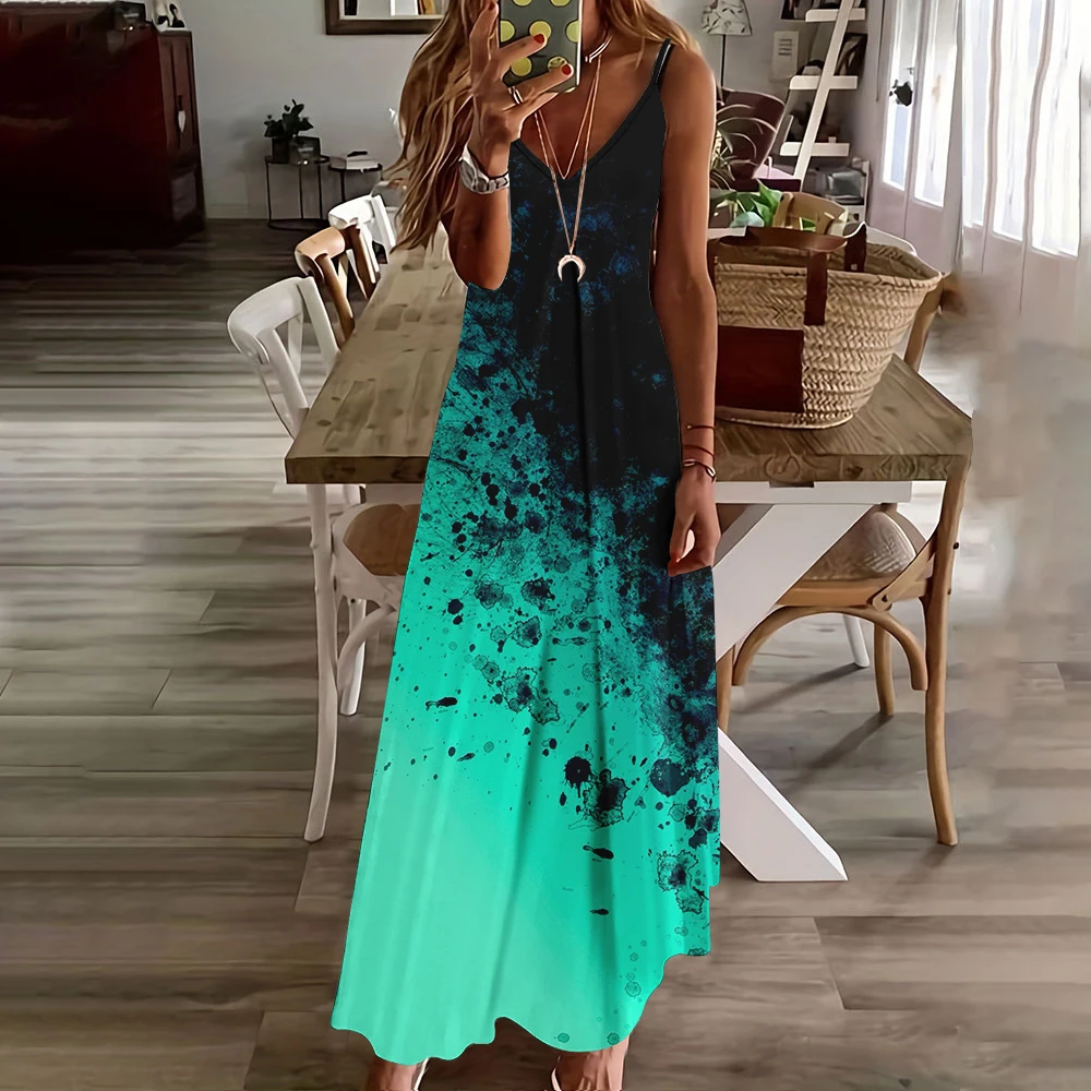 Women's Casual Loose V-neck Contrast Color Printed Dress 2024 Sexy Spaghetti Strap Maxi Dress Summer Vacation Long Beach Dresses