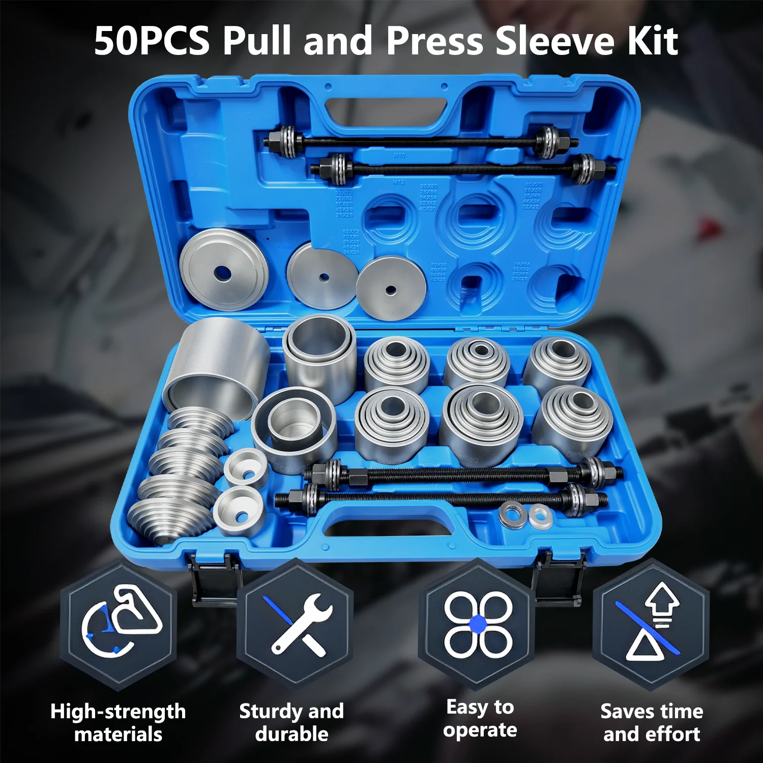 50Pcs Universal Pull and Press Sleeve Kit Bushing Press Tool Set for Car Engine Seal Bearing Removal Installation Case Gloves