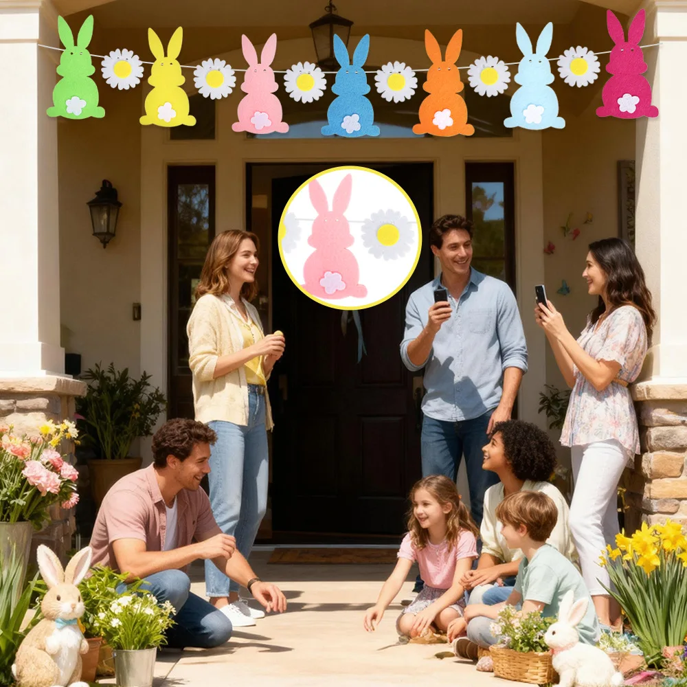 Colorful Easter Egg Garland Cartoon Felt Bunny Carrot String Flag Hanging Decoration Spring Party Decor
