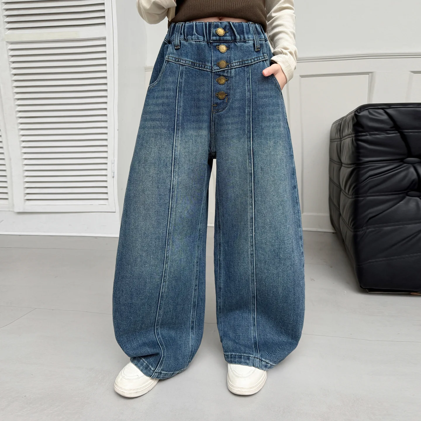Girls Wide Leg Denim Pants 2026 Autumn Winter New Personality Fashion Kids Hight-Waist Jeans Elastic Waist Button Casual Jeans