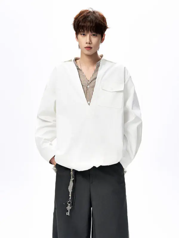 

TANGZ STUDIO Spring Faion Plaid Patchwork Loose Long Sve Men's irt Casual Sle Collar Turn-down Cuff Color