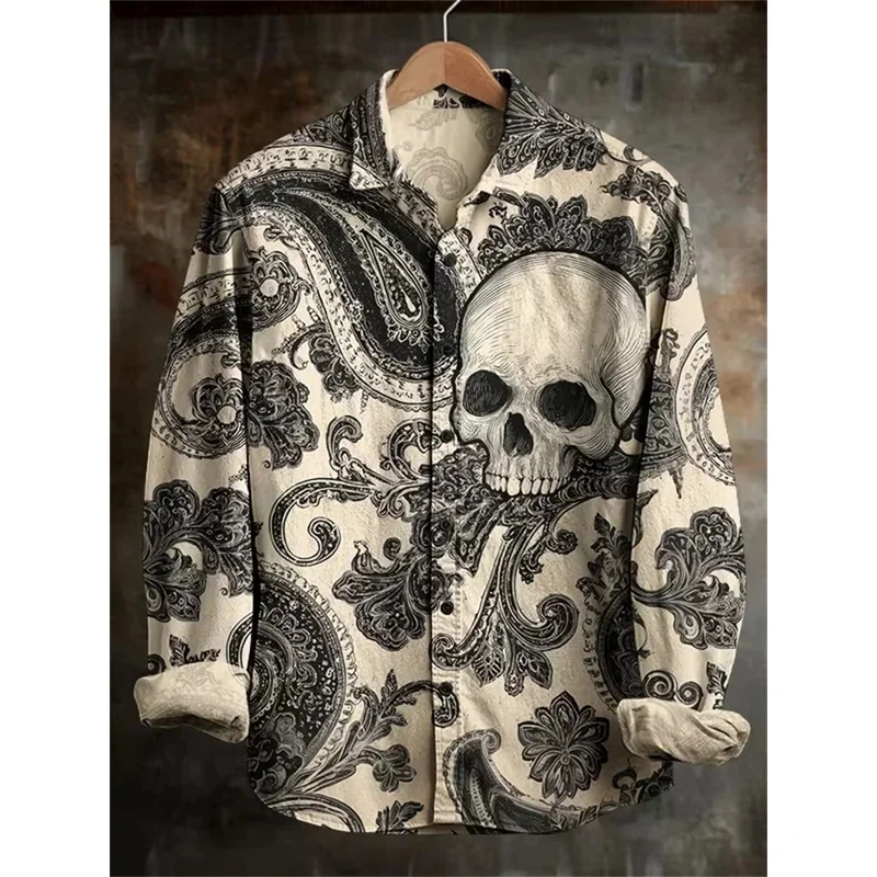New retro Paisley skeleton 3D printed men's long sleeved shirt with dark style vintage casual shirt clothing