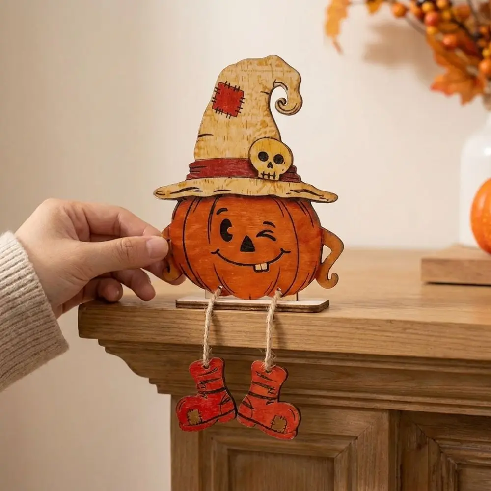 3Pcs 2D Flat Pumpkin-Shaped Wooden Ornaments Pastoral Vintage Halloween Pumpkin Figurine Harvest Theme Stable Base