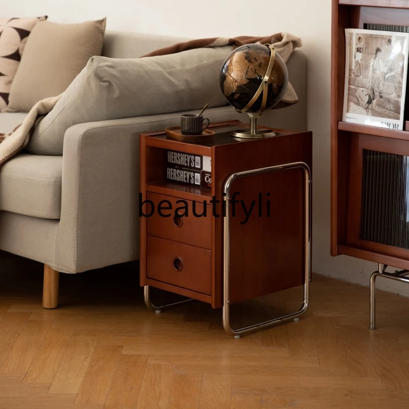 Nordic solid wood medieval sofa small edge few retro stainless steel bedside storage cabinet is extremely narrow