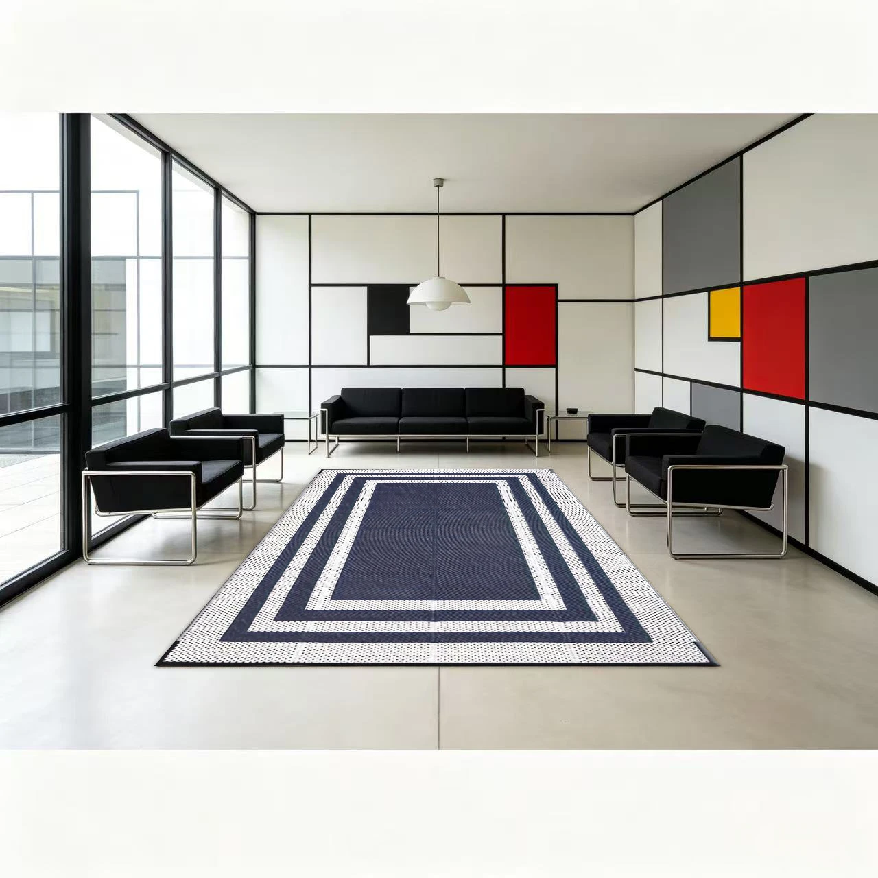 Navy White Multi-Border Carpet Flooring, Classic Rectangular Area Rug Non-Slip Floor Mat for Living Room Entryway Home Decor