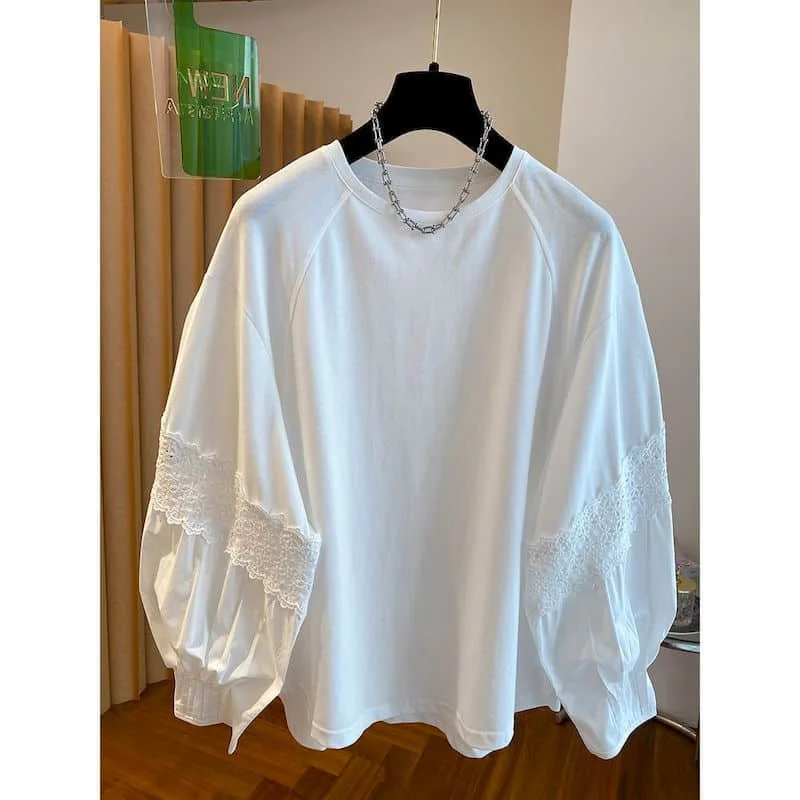 Solid T-shirts for Women Oversized Lace Crochet A-line Hem Tops Casual Korean Style Long Sleeved Aesthetic Women Clothes Trendy
