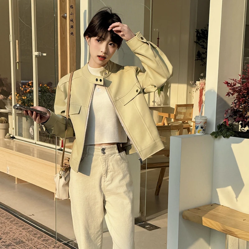 Primavera outono jaqueta de couro das mulheres zíper levante-se roupas curtas jaquetas da motocicleta botão mangas à prova vento roupas femininas