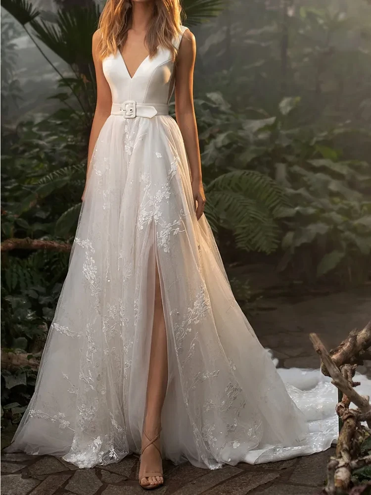 Abiti da sposa con applicazioni bianche a-line senza maniche scollo a v profondo Backless Tulle abiti da sposa Illusion Belt Robe De Mariée W10367