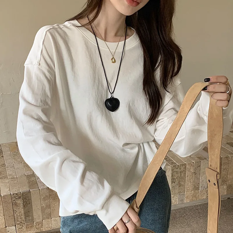 T-shirt à manches longues et col rond pour femme, ample, polyvalent et fin, Style paresseux, couleur unie, nouvelle collection 2025