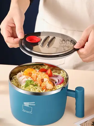 Stainless Steel Bowl With Lid For Instant Noodles Sealed And Portable Drain Bowl For Kitchen Utensils Instant Noodle Partner