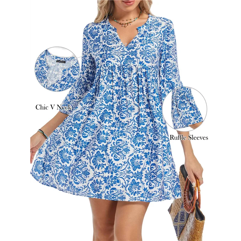 FX-Damen-Sommer-Boho-Kleid 2025, lässig, V-Ausschnitt, Babydoll, Rüschenärmel, Blumenmuster, Mini-Tunika, zierliches Sommerkleid