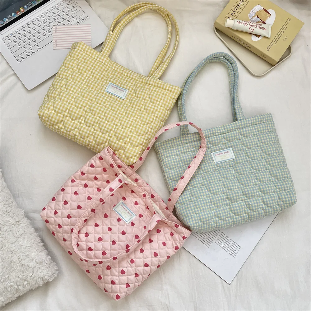 Large Capacity Padded Tote Bags Quilted Love Heart Plaid Women Shoulder Bag Ladies Crossbody Handbag Casual Travel Female Bag