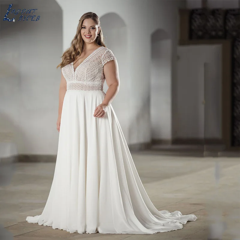 LAYOUT NICEB Elegant V-Neck Wedding Dress Short Sleeves Backless Chiffon Bride Gowns A-Line Plus Size Bridal Vestidos Para Mujer