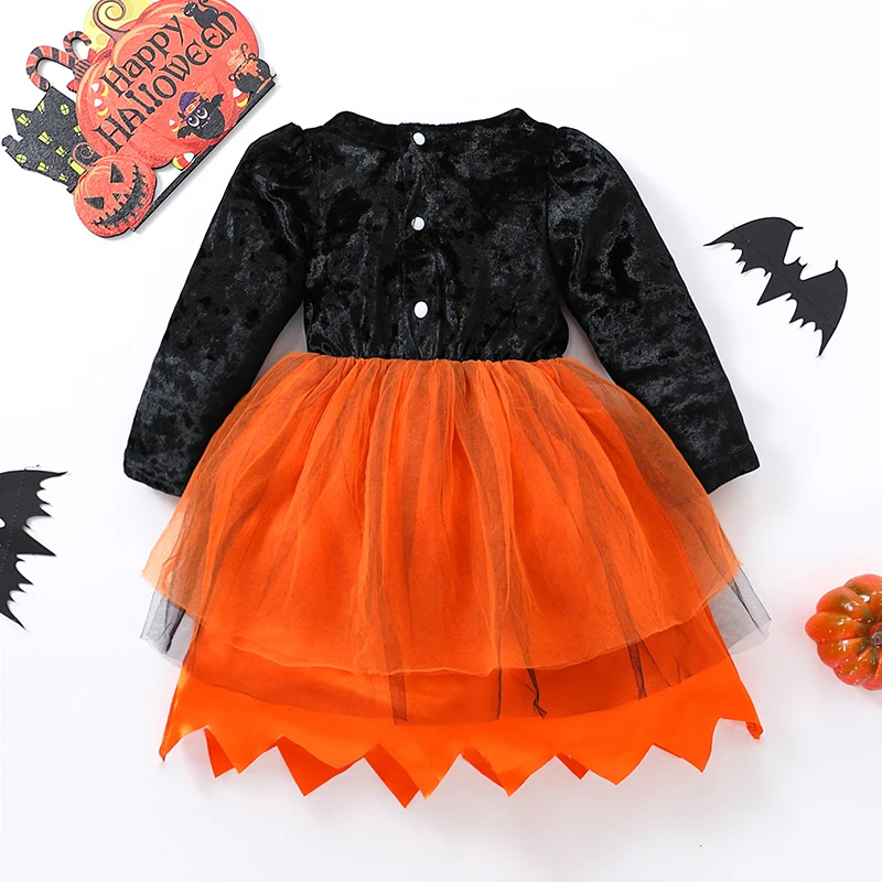 Toddler Kids Girls Halloween Dress Pumpkin Bat Pattern Multi-Layered Mesh Tulle Patchwork Dress Party Round Neck Dress