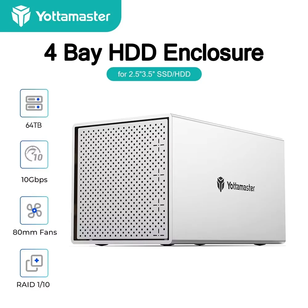 

Yottamaster 4 Slot RAID Enclosure 4 Bay 2.5/3.5-inch USB3.0 to SATA3.0 RAID External HDD Array Enclosure Support 4x16TB and UASP