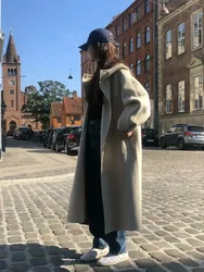 Women's Winter Hooded Long Wool Blend Jacket Coat Single Breasted Straight Woolen Overcoat Warm Outerwears 2023