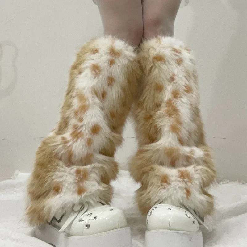 

Harajuku Women Leopard Plush Fur Leg Warmers Punk Winter Warm Thickened Imitation Leggings Boots Cover Lolita Party Accessories