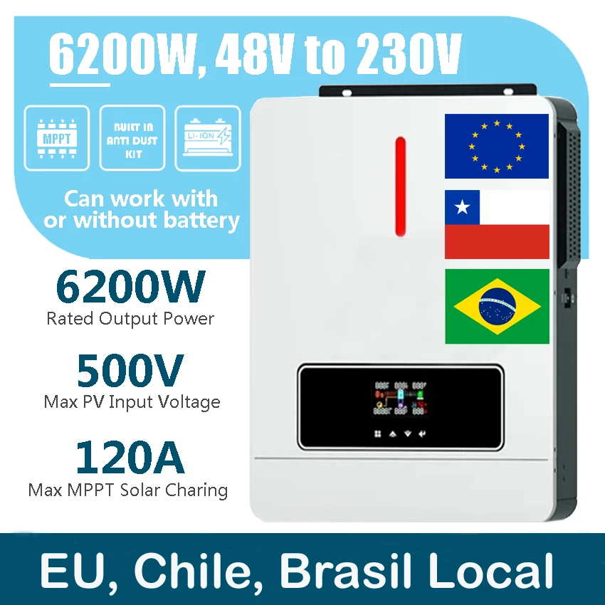 Local 6.2KW 6200W Solar Hybrid Inverter Charger 24V 48V Battery Pure Sine Wave 220VAC 120A MPPT Solar Charge Controller LCD