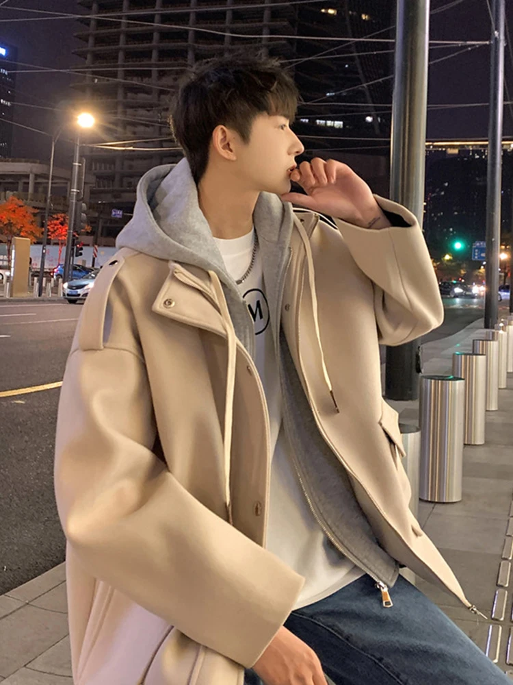 

Retro American Sle Men's Overcoat Thiened Spring Youth Faion Woolen Tweed Workwear Jaet Large Size Hooded Zipper