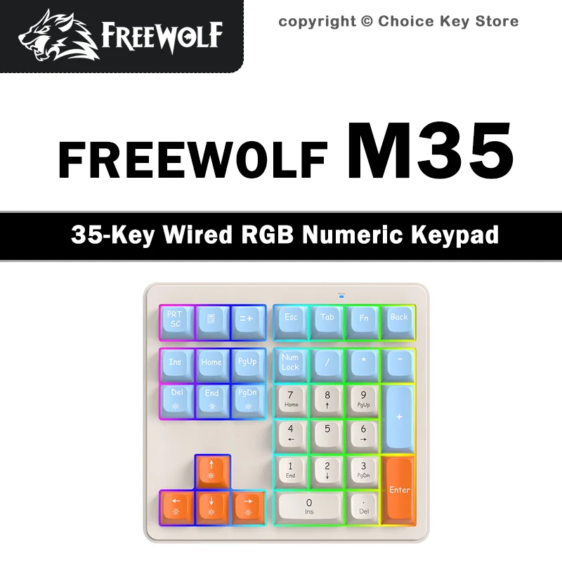 Freewolf M35 Mini Numeric Keypad 35 Keys RGB Backlit Keypad Key Cable Separate One Click Calculator USB Wired Numpad for Win Mac