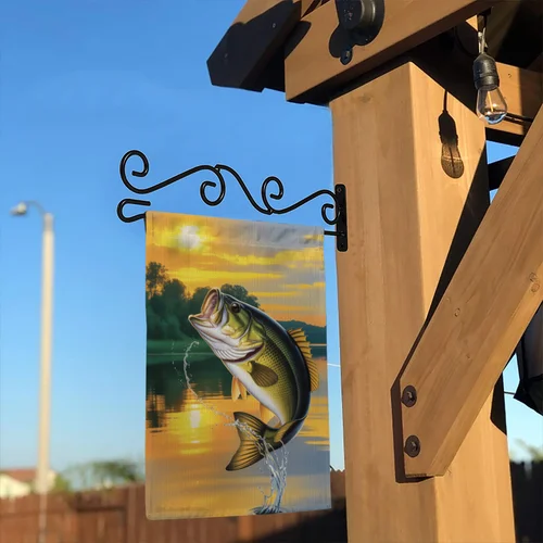 Realistic Bass Fishing Garden Flag Jumping Fish Sunset Lake House Decor OOV IIC