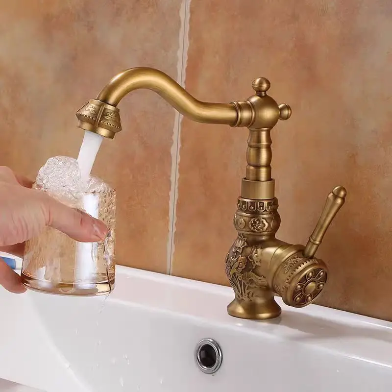 Luxury Solid Brass Faucet, French Carved Bathroom Basin Mixer Tap,Hot &Cold Dual Control, Rustproof No-Splash for Sink Home