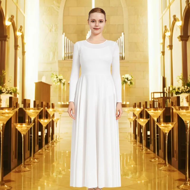 فستان رقص نسائي فضفاض مناسب لعيد الميلاد بطول كامل وأكمام طويلة للبالغين، ملابس علوية ليتورجية لعبادة الكنيسة بدون المنشعب