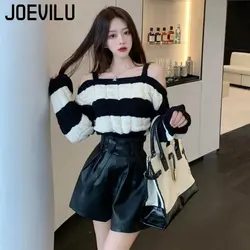 Sweter kombinezon Off Shoulder dzianina w paski topy wysokiej talii szerokie nogawki spodnie skórzane zestawy dwuczęściowe damskie luźne Casual Outifits