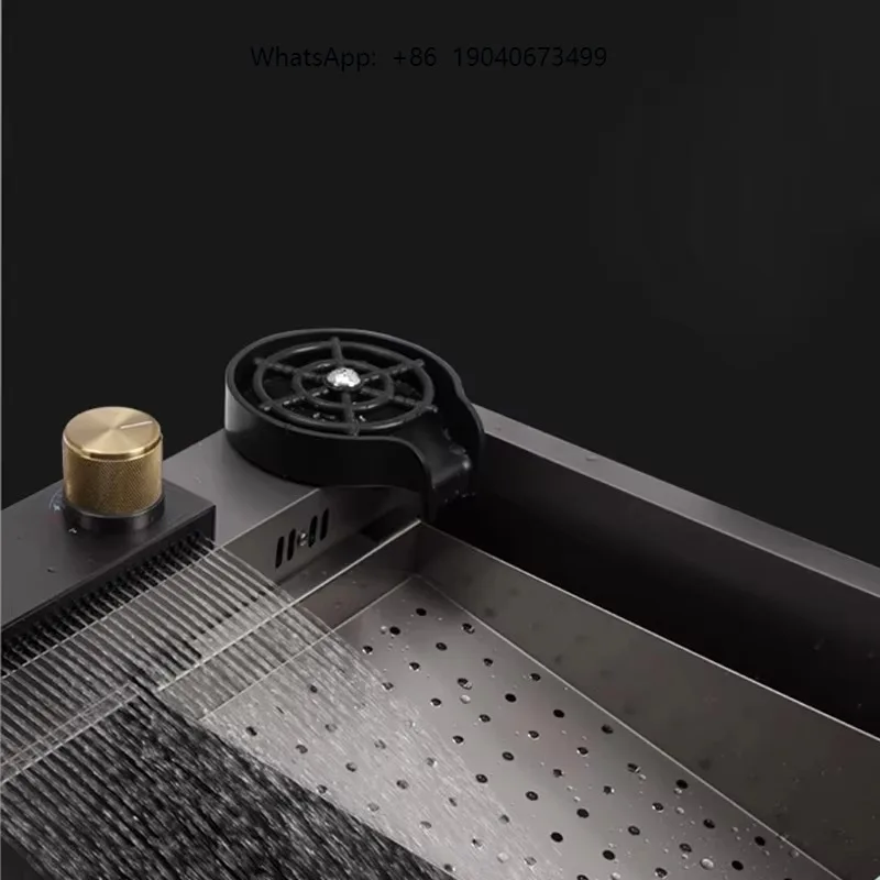 Waterfall Rectangular Single Bowl Kitchen Sink Large Nano Stainless Steel Handmade Basin Grey cxl