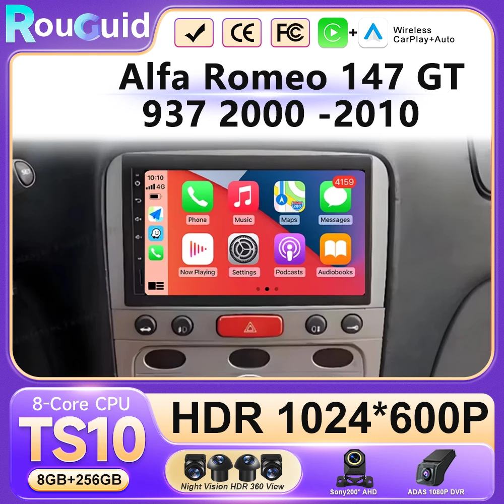 Android 16 Carplay For Alfa Romeo 147 GT 937 2000-2010 GPS Navigation Video Car Radio GPS Automotive Multimedia Car Monitor DVD