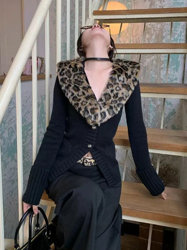 Sexy Leopard Knitted Cardigan Women Vintage Streetwear Fall Winter Patchwork Sweaters Korean Button Slim Fit Hotsweet New Coats - Image 4