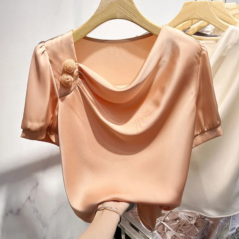 Elegant Square Collar Folds Tie Flowers Chiffon Blouse Women\'s Clothing 2023 Summer New Casual Pullovers Office Lady Shirt