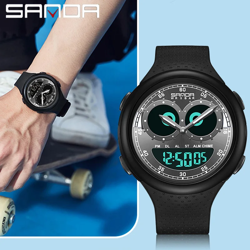 

SANDA Top Brand Men's Watch Sports Waterproof Stopwatch Chronograph Dual Display Quartz Wristwatch LED Digital Electronic Clock