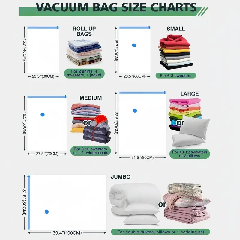 3/6/9-قطعة أكياس تخزين مفرغة جديدة مع مضخة كهربائية. أكياس موفرة للمساحة ضغط لحاف/بطانيات، ختم الملابس. 80% توفير المساحة va