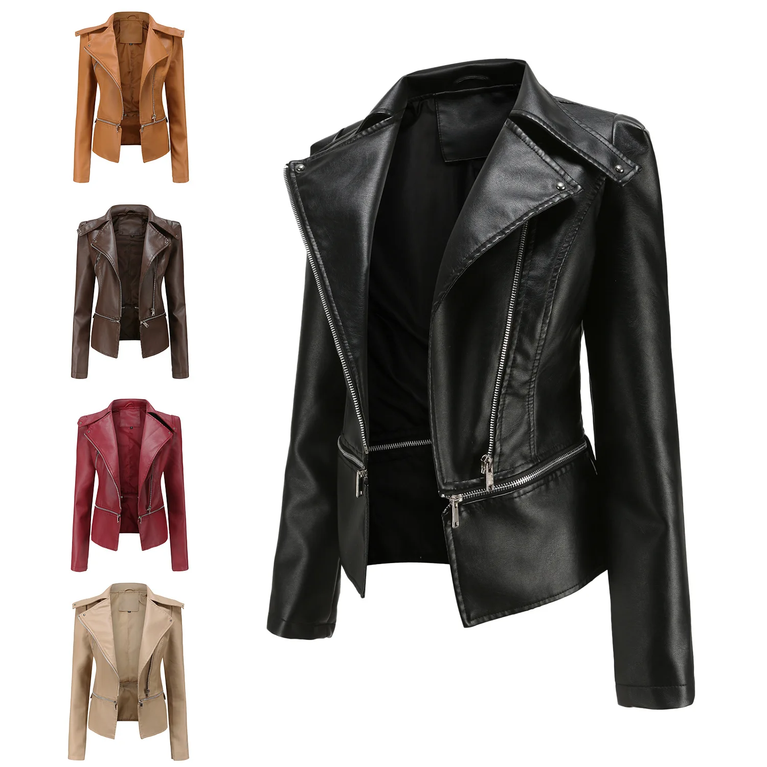 Spring Autumn Motorcycle PU Leather Jacket Women Casual Leather Coat Female Long Sleeve Turn-down Collar Solid Outwear