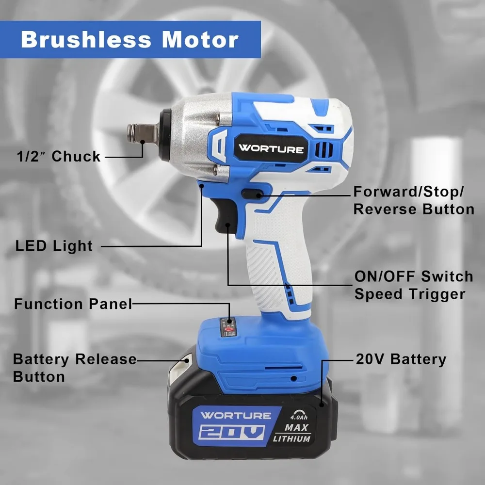 Cordless Impact Wrench Kit - 1/2 Inch Brushless Impact Gun with 300Ft-lbs (300N.m) Max Torque, 4.0Ah Li-ion Battery, 7 Sockets