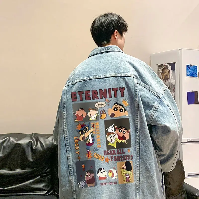 Anime Crayon Shin-Chan Series Patchwork Print Denim Jacket Oversized Jean Outerwear, Y2K Harajuku Fashion Daily Streetwear Coat