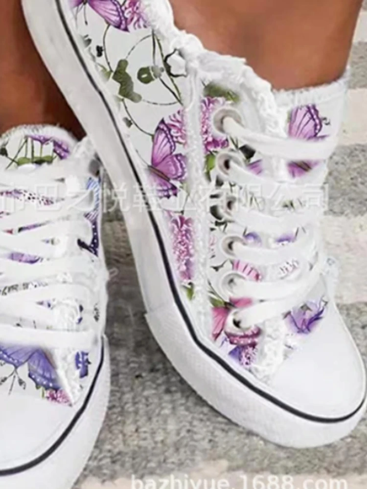 Floral Canvas Shoes 2023 New White Wild Women Large Size Shallow Mouth Lace-up Sports Shoes Casual Flat Femme Zapatos