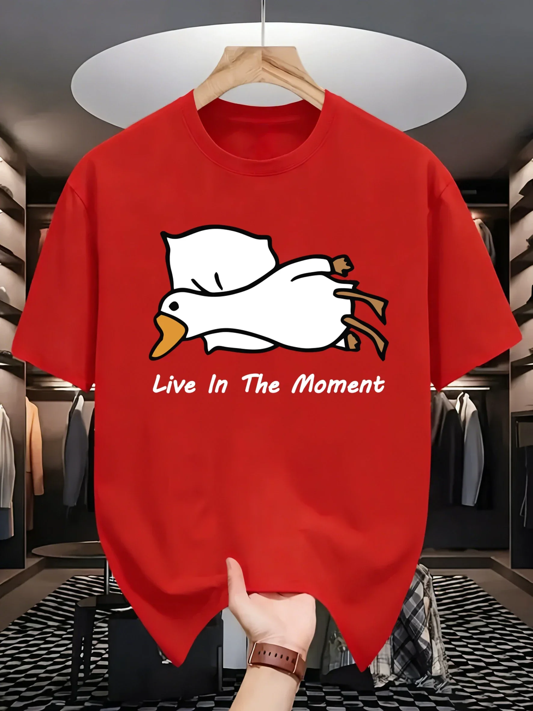 Goose Live In The Moment Print Man Breathable T Shirt Loose Casual Sportswear Cotton Short Sleeve Summer Street Sport Clothes