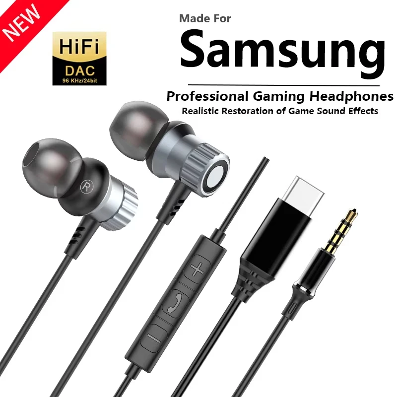 For Samsung Galaxy S26 S25 iPhone 17 16 Digital Chip Wired Headphones Volume Control HiFi Stereo Headset With Mic Type C Earbud