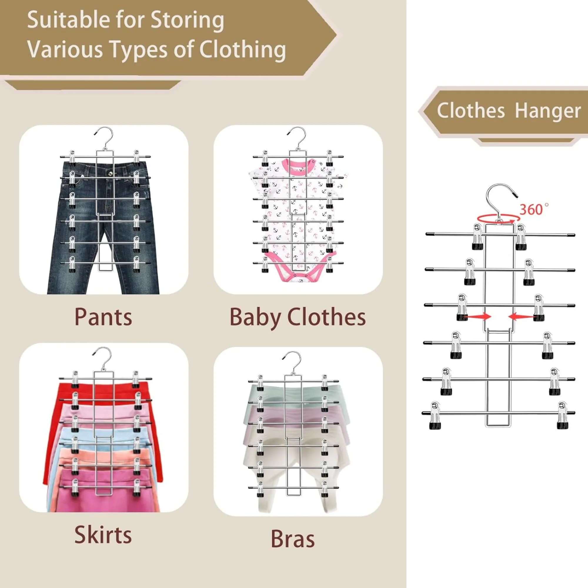 Imagem -05 - Space Saving Hanging Cloconjunto Organizer Tiers Skirt Hangers Gancho Giratório de 360 ° Economia de Espaço com Armazenamento de Clipes