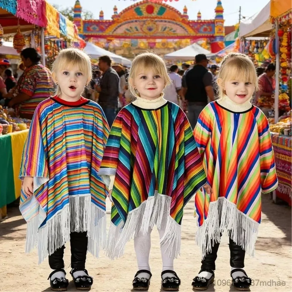 High Quality Colorful Striped Ethnic Style Cloak Tassel Trim Lightweight Mexican Poncho Cosplay Clothes for