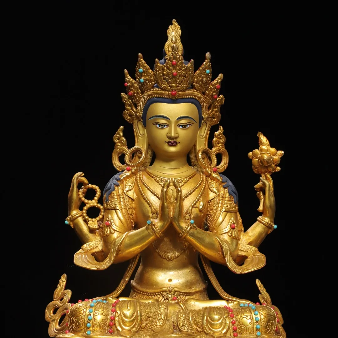 China Collections Old Bronze Gilded Cinnabar Four armed Guanyin  Sitting Buddha Lotus Terrace separable Worship Hall