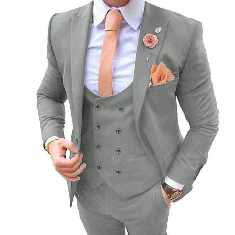 

2024 Fashion New Men Boutique Double Breasted Stretch Fabric Waistcoat Suit Pants 3 Pcs Set Dress Blazers Jacket Coat Trousers