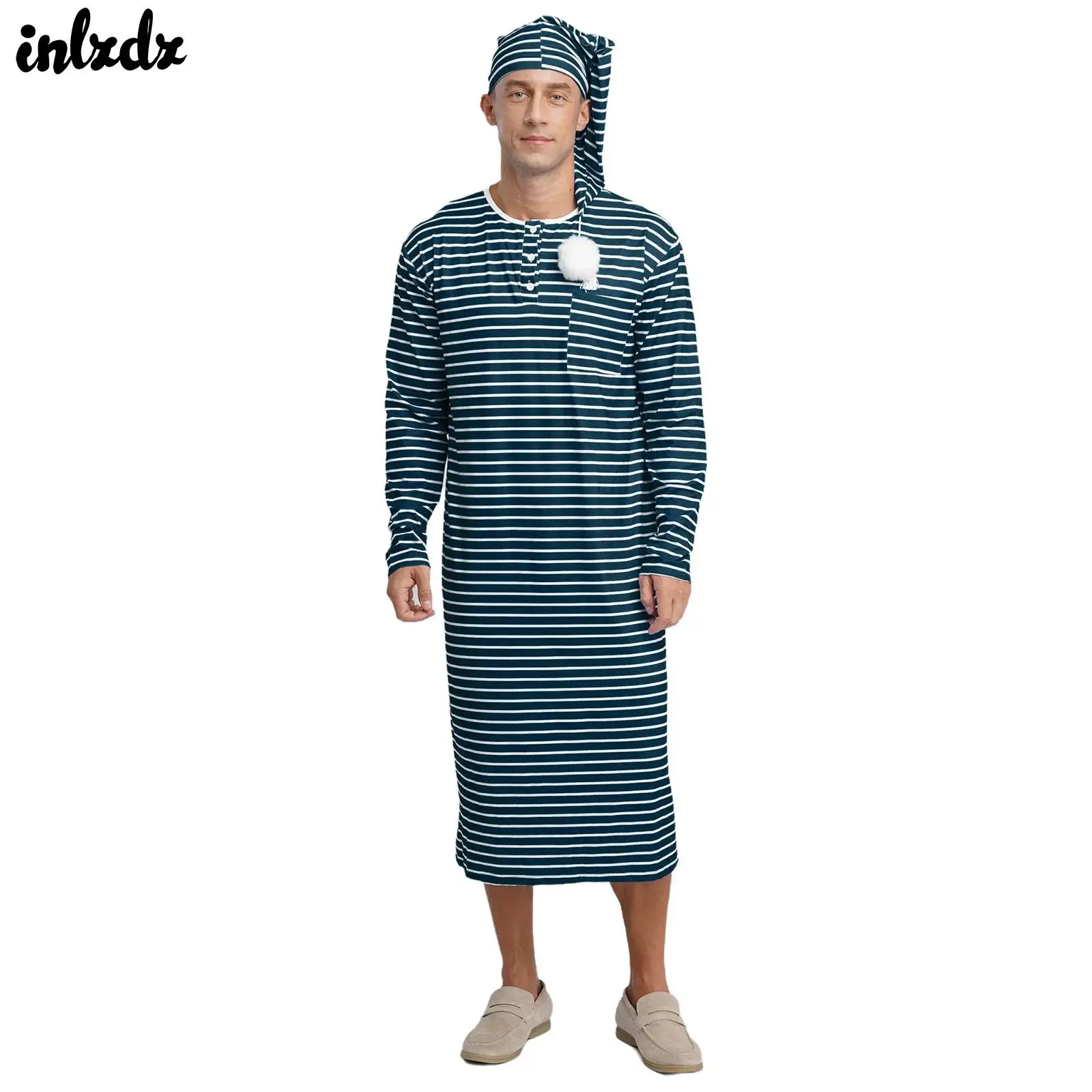 

Mens Striped Sleep Robe And Hat Homewear Long Sleeve Crew Neck Loose Pajamas Long Shirts with CapComfortable Bathrobe Loungewear