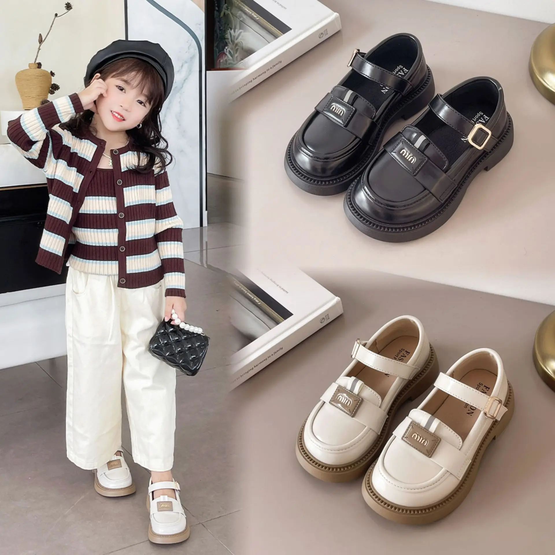 

Детская кожаная обувь, осень 2023, новые черные туфли с металлической пряжкой для девочек, нескользящая студенческая обувь