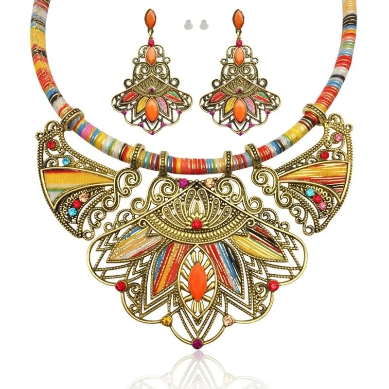 Bohemian Necklace Earring Set Chunky Enamel Multicolor Pendant Vintage for Rhinestone Ethnic Choker Necklace Eardrop Dangler