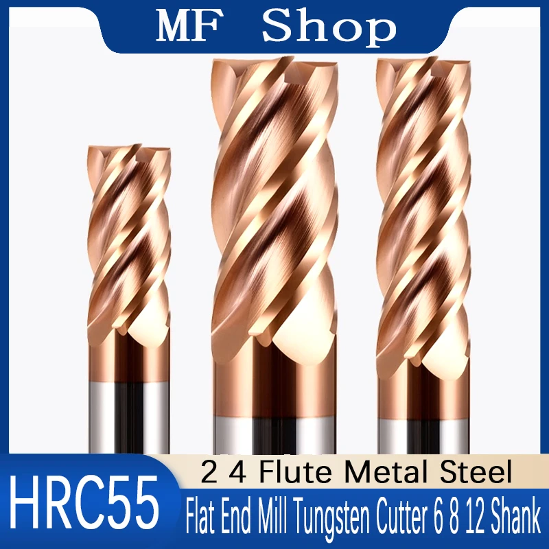 фреза по металлу Flat End Mill Tungsten Cutter 2 4 Flute Metal Steel Machining Tool Key Face Square Router Bit 6 8 12Shank HRC55