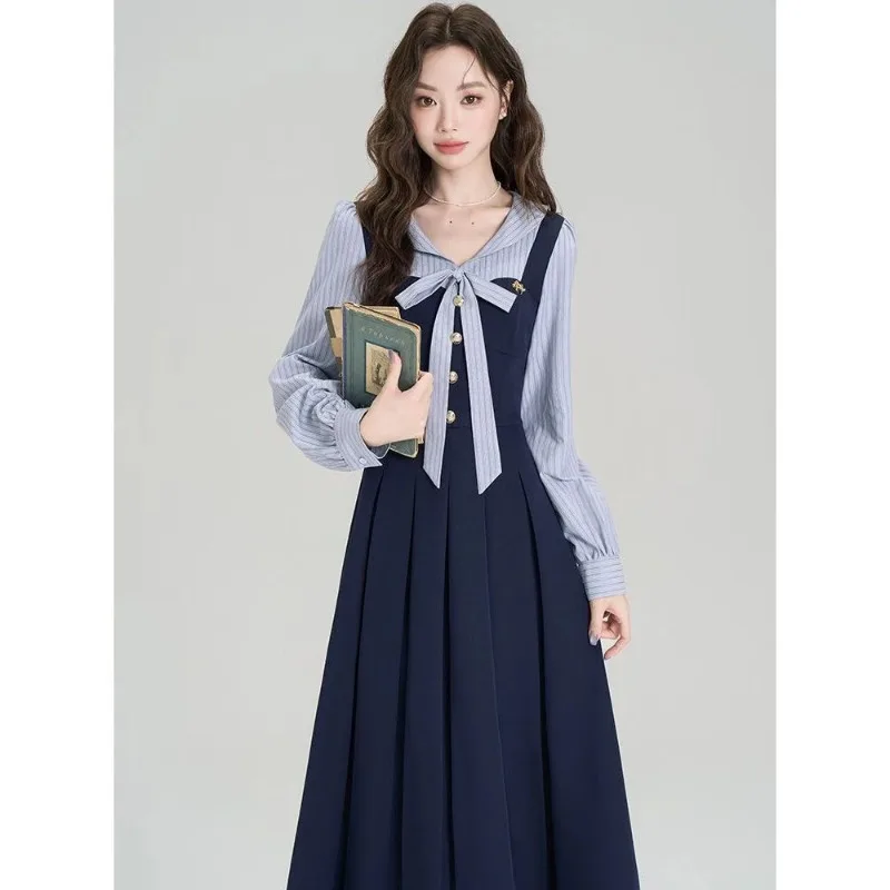 أوائل الخريف جديد النمط الفرنسي فستان بأكمام طويلة المرأة تقسم تنورة طويلة