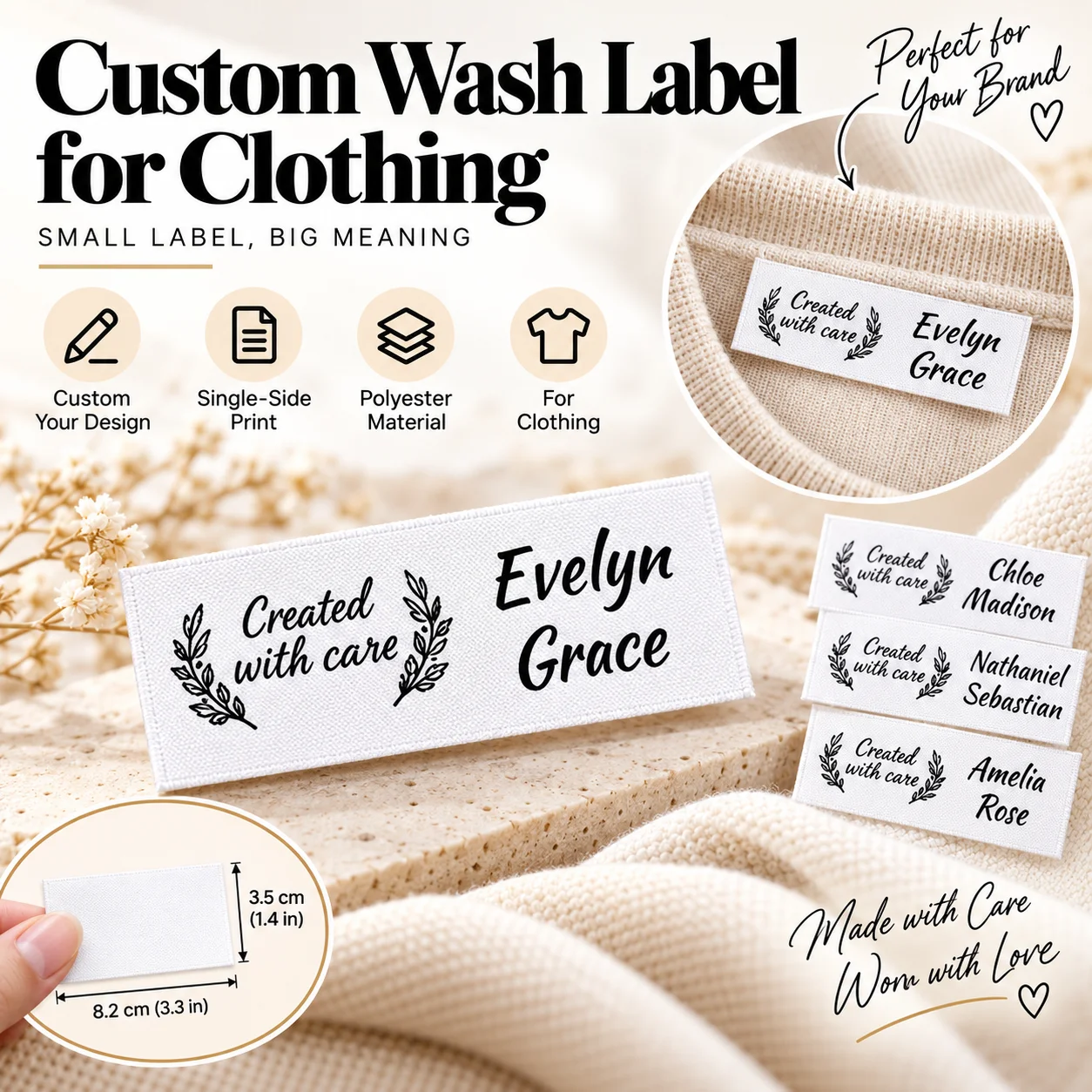 Custom Wash Care Labels Personalized Clothing Tags Polyester Fabric Labels Custom Name Logo Sewing Labels for Handmade Clothes